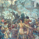 George Rogers Clark and his army attack Fort Sackville.  A segment from one of the murals in the Clark Memorial.