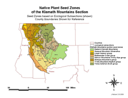 Seed zone map of Native Plant Seed Zones of the Klamath Mountains Section, based on Ecological Subsections.