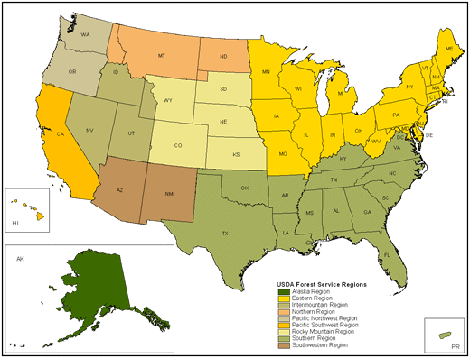 A map of the Unites States displaying the USDA Forest Service Regions. Select a Region on this map to display Celebrating Wildflower events, wildflower viewing areas, and wildflower photographs. Alternative text links are below this map.