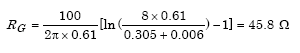 Given lowercase rho equals 100 ohms, Capital L subscript Capital P equals 0.61 meters, Capital W subscript Capital P equals 0.61 meters, Capital T subscript Capital P equals 0.005 meters. Capital R subscript Capital G equals the product of parenthesis 100 divided by parenthesis 2 times pi times 0.61 parenthesis times parenthesis the summation of the natural logarithm of parenthesis 8 times 0.61 divided by parenthesis 0.305 plus 0.006 parenthesis parenthesis minus 1 parenthesis which in turn equals 45.8 ohms.