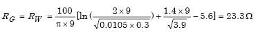 Given lowercase rho equals 100 ohm-meters, Capital L subscript Capital W equals 3 plus 3 plus 3 which in turn equals 9 meters, Capital Z subscript Capital W equals 0.3 meters, Capital A subscript Capital W equals 0.5 times 3 times 3 sin of 60 degrees which in turn equals 3.90 square meters, D subscript Capital W equals 0.0105 meters. Capital R subscript Capital G equals Capital R subscript Capital W which in turn equals the product of parenthesis lowercase 100 divided by parenthesis pi times 9 parenthesis times parenthesis the summation of natural logarithm of the quotient of 2 times 9 divided by the square-root of the product of 0.0105 times 0.3 parenthesis plus parenthesis the quotient of 1.4 times 9 divided by the square-root of 3.9 parenthesis minus 5.6 parenthesis which in turn equals 23.3 ohms.