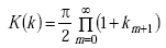 Equation A-85. Capital K as a function of small K equals 0.5 pi times pi product summation from M equals 0 to M equals infinity of the quantity 1 plus small K subscript M plus 1.