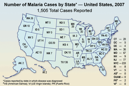 Map: Number of Malaria Cases by State -- United States, 2007