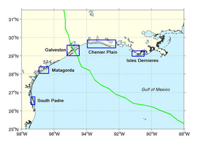 Five areas for which USGS scientists conducted pre- and post-landfall analyses and prepared maps depicting potential inundation by Ike.