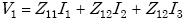 Equation E-1. Capital V subscript 1 is equal to the sum of the product of Capital Z subscript 11 multiplied by Capital I subscript 1, added to the product of Capital Z subscript 12 multiplied by Capital I subscript 2, added to the product of Capital Z subscript 12 multiplied by Capital I subscript 3.