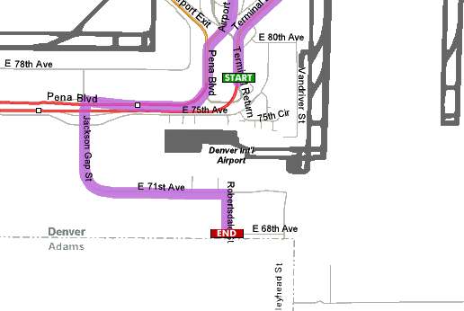 Map showing path from Denver International Airport to the Denver Airports District Office.