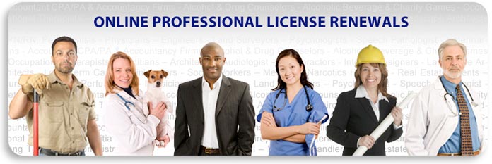 Online professional license renewals main feature banner with photo of various professionals such as a veterinarian and a nurse.
