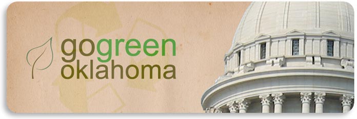 Go Green Oklahoma main feature section banner with photo of the Oklahoma State capitol and a recycle emblem.