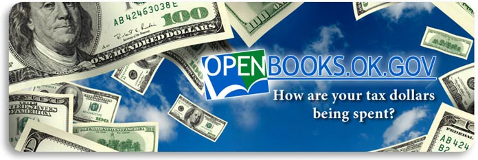 OpenBooks.ok.gov main feature banner with photo of 100 dollar bills in the sky. ''How are your tax dollars being spent''