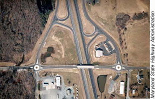 Aerial photo of two single-lane roundabouts in MD