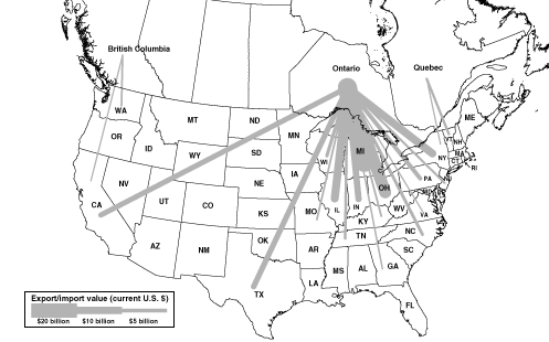 Map a - U.S.-Canada Top 20 State and Provincial Flows for Merchandise Trade by Truck, U.S. exports to Canada: 1999. If you are a user with a disability and cannot view this image, please call 800-853-1351 or email answers@bts.gov for further assistance.