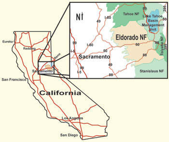 Color graphic indicating the Eldorado National Forest's position in California as near Lake Tahoe on the central eastern state line near the angle.