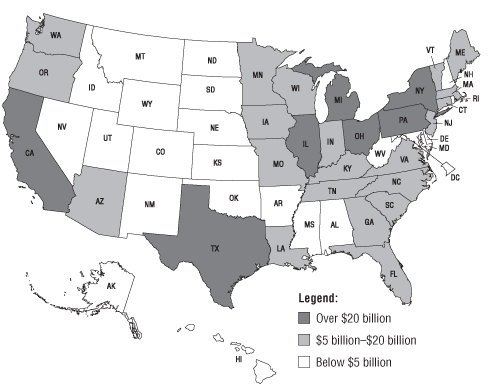 Map: U.S. State Trade with Canada and Mexico by All Modes: 2004.  If you are a user with a disability and cannot view this image, please call 800-853-1351 or email answers@bts.gov for further assistance.