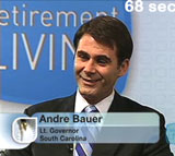 Picture of Andre' Bauer speaking on television.  A light blue background, a banner at the bottom reading Andre' Bauer, Lieutenant Governor, South Carolina.  "68 sec" is in the top right. 