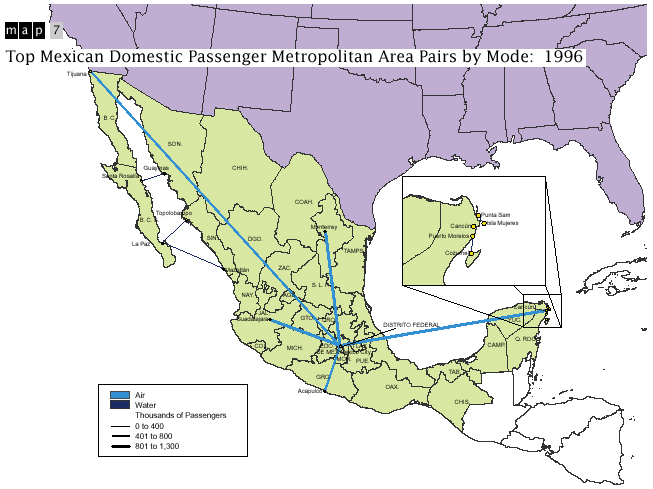 Map 7 - Top Mexican Domestic Passenger Metropolitan Area Pairs by Mode: 1996. If you are a user with a disability and cannot view this image, please call 800-853-1351 or email answers@bts.gov for further assistance.