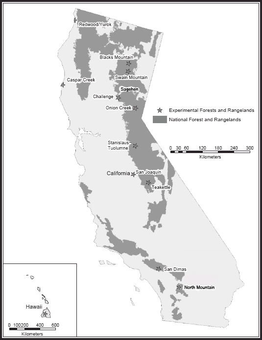 image map: California with links to experimental forests