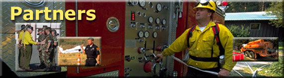 Partners header with photos of military firefighters, California Department of Forestry helitack and rural firefighter with engine, and contracted water truck.