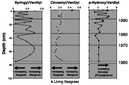 depth profiles of lignin phenol ratios in sediments at Pass Key