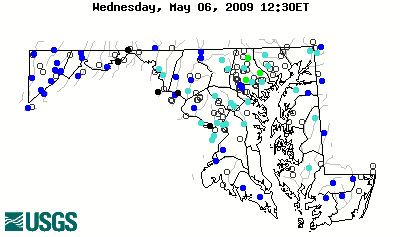 Stream gage levels in Maryland, relative to 30 year average.