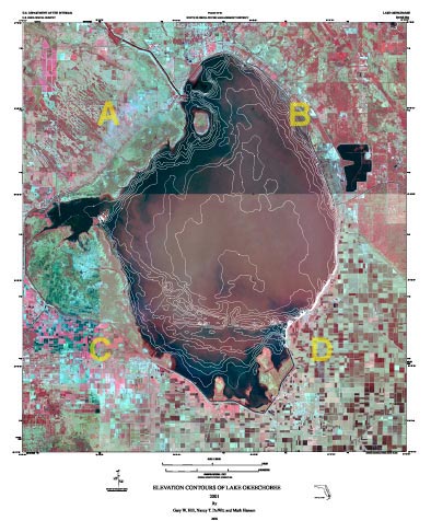 map of Lake Okeechobee elevation contours (in feet)