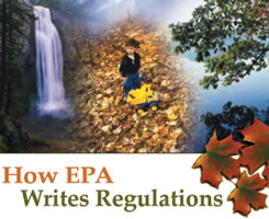 Image of a waterfall, a forest with leaves on the ground, a small boy, and the sky -- representing some of the environmental assets and people EPA's regulations help to protect.