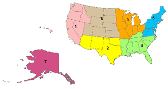 Map shows U.S. Fish and Wildlife Regions nationwide.>