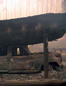 Burned pickup truck.