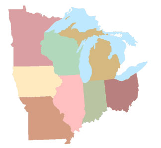 Map shows Midwest Region states: Illinois, Iowa, Indiana, Michigan, Minnesota, Missouri, Ohio, and Wisconsin