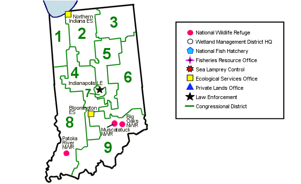 Indiana map of congressional districts and field offices