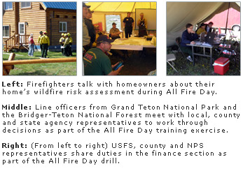 Left: Firefighters speak to homowners in front of their log cabin. Middle: National Park Service and U.S. Forest Service, as well as state, county, and local agencies meet in a tent. Right: Members of the finance section sit at a table under a tarp shelter.