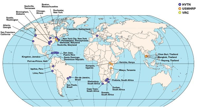 Map of clinical research sites conducting NIAID HIV Vaccine Trials. Site locations listed in caption.