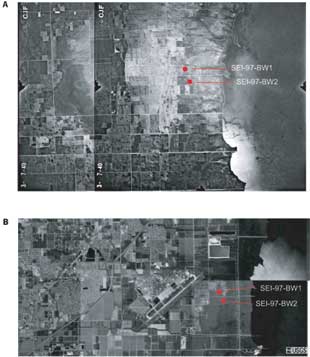 top image is an aerial photograph of Military Canal, 1940; the bottom image shows a digital orthophoto quadrangle, 1999