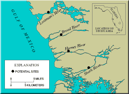 Map showing potential study sites in south west Florida