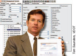 Les Griggs holds a user manual for the agency's Right of Way and Utilities Management System (RUMS). The screen capture shows parcel information for land owned by Hechinger Enterprises. A single   project can involve as many as 200 property owners.