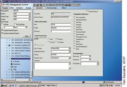 A screen capture of VDOT's iRUMS shows the owner of the parcel, size, location, and projects that were cleared.