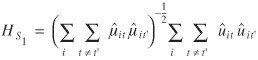 uppercase h subscript{uppercase s subscript{1}} = (summation with lowercase i of (summation with lowercase t not equal to lowercase t prime of lowercase mu caret subscript{lowercase i lowercase t} lowercase mu caret subscript{lowercase i lowercase t prime})) superscript{negative 1 over 2} summation with lowercase i of (summation with lowercase t not equal to lowercase t prime of lowercase u caret subscript{lowercase i lowercase t} lowercase u caret subscript{lowercase i lowercase t prime})