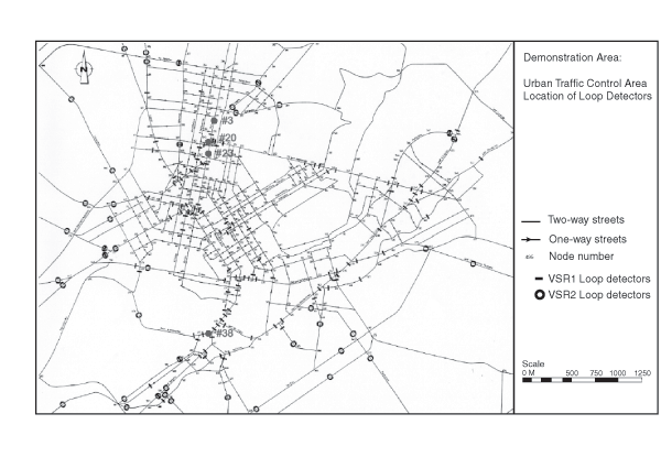 Figure 1 Illustration of the Greater Athens Area (GAA) Network and Configuration of the Location of Loop Detectors. If you are a user with disability and cannot view this image, please call 800-853-1351 or email answers@bts.gov for assistance.