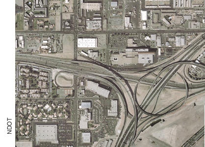 This aerial shot shows the I-15 and U.S. 95 Spaghetti Bowl interchange, the first aesthetic project scheduled under the Nevada master plan.