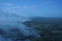 photo: White smoke clouds rise from a prairie seen from the air.