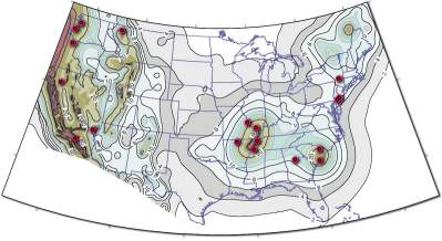 National USGS 1996 - 1.0 sec Spectral Acceleration (%g) with 2% Probability of Exceedance in 50 years, site:NEHRP B-C boundary, map. Site locations of AASHTO T-3 Trial Designs shown.