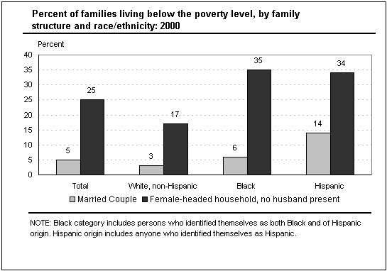 Graph: Percentage of families living below the poverty level, by family structure and race/ethnicity: 2000 - Graphical presentation of data from accompanying text