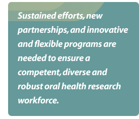 Sustained efforts, new partnerships, and innovative and flexible programs are needed to ensure a competent, diverse and robust oral health research workforce.