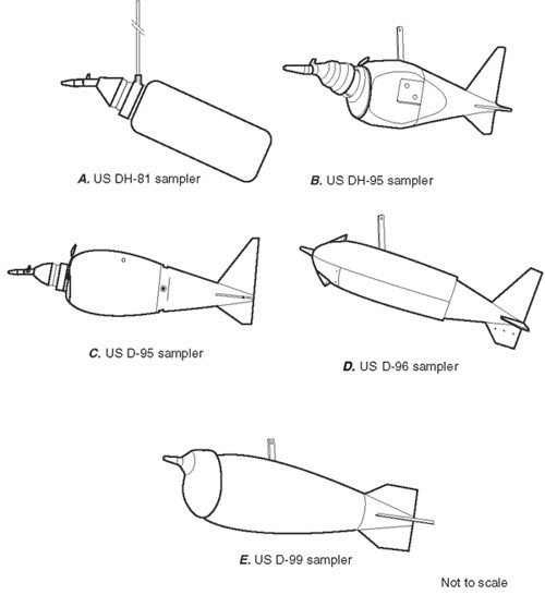 Figure 1. Isokinetic depth-integrating samplers: (A) US DH-81, (B) US DH-95, (C) US D-95, (D) US D-96, and (E) US D-99 