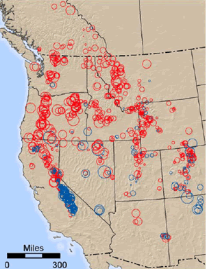 Figure 10—Changes in April 1 snow water equivalent in the Western United States. Linear trends in April 1 snow water equivalent (SWE) relative to 1950 at 798 snow course locations in the Western United States and Canada for the period 1950-1997. 
