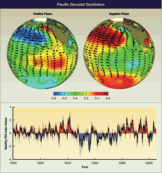 Figure 4.  Top: Typical wintertime sea surface temperature (colors), sea level pressure (contours), and surface wind stress (arrows) anomaly patterns during positive and negative phases of the Pacific Decadal Oscillation (PDO).  Temperature anomalies (colors) are in degrees Celsius. Bottom: Monthly values for the PDO index, 1900-2004.  Source: S. Hare and N. Mantua, Climate Impacts Group, Center for Science in the Earth System, Joint Institute for the Study of the Atmosphere and Ocean, University of Washington, Seattle.