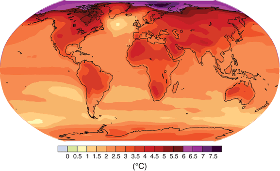 Figure 8—Projected surface temperature changes for the late 21st century (2090-2099). The map shows the multi-AOGCM average projection for the A1B SRES scenario. Temperatures are relative to the period 1980-1999. Source: IPCC Climate Change 2007.