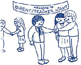 Childlike drawing of parents and kids at a Parent/Teacher night meeting