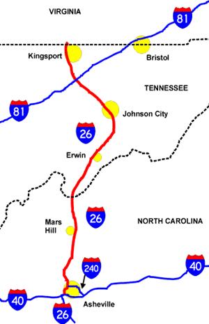 Map of I-26 in Tennessee and North Carolina showing that it extends from Kingsport and the Virginia/Tennessee line generally southeast crossing I-81 in Tennessee then to Johnson City, Tennessee, then south and south/southwest to the North Carolina Line then south toward Asheville, North Carolina where it crosses I-40.