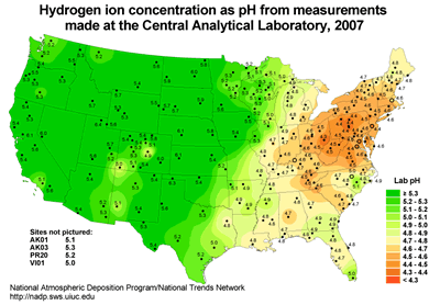 Hydrogen Ion Concentration as pH from measurements made at the Central Analytical Laboratory, 2007  - Click for a larger image.