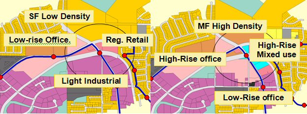 An I-PLACE3S exercise at the Melrose Sprinter station in Oceanside, replacing single-family low density, regional retail, and light industrial (left) with multi-family high density, high-rise mixed use, and high-rise office (right)